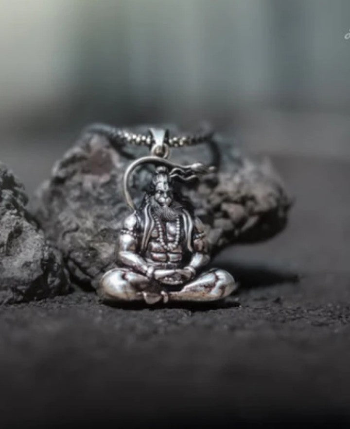 Hanuman Silver Locket With Oxidised Silver Chain