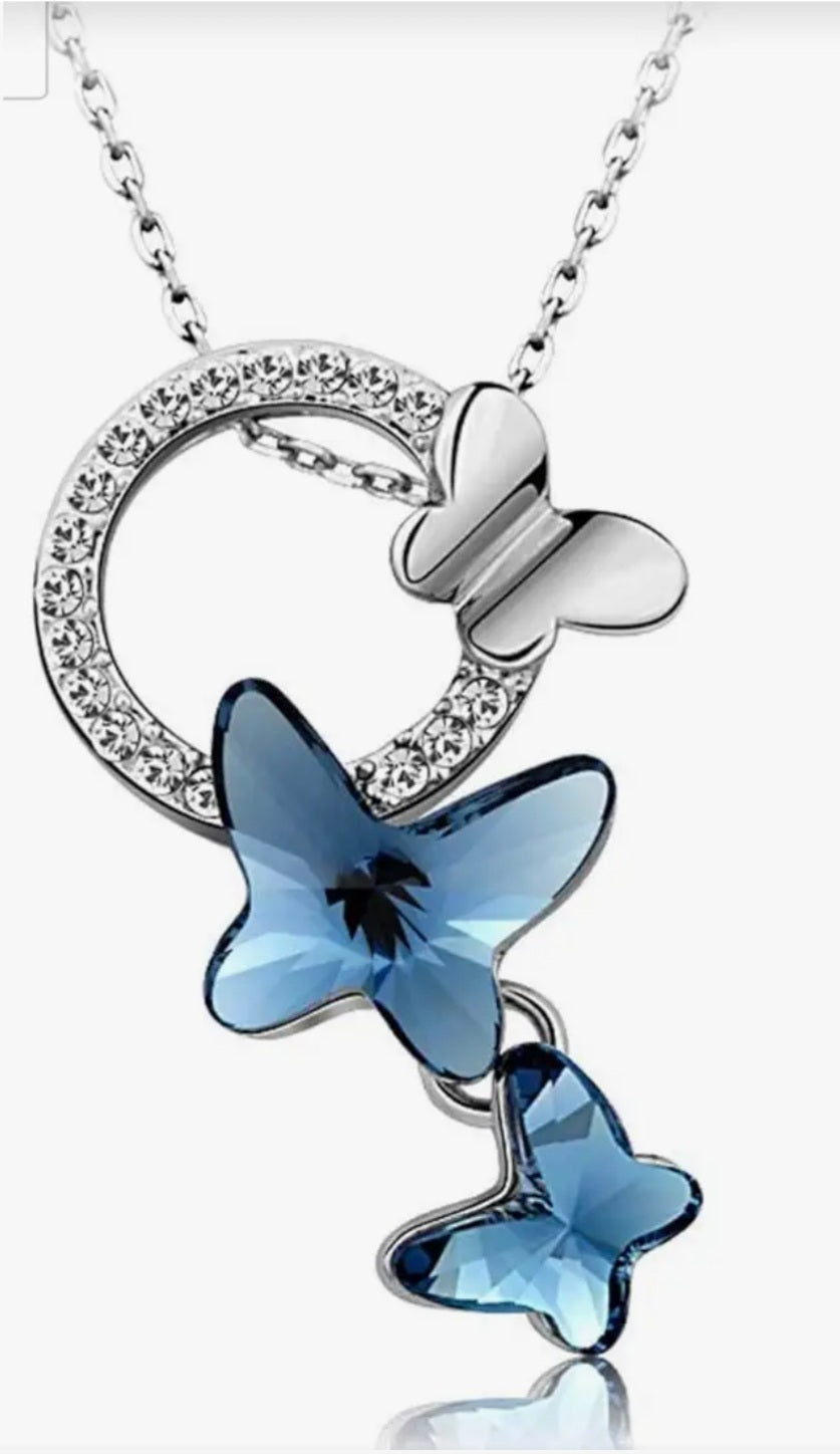 Shining Diva Diva Italian Designer Platinum Plated Crystal Butterfly Earrings Chain Pendant Necklace Combo Jewellery Set for Women and Girls (Blue) (14603s)